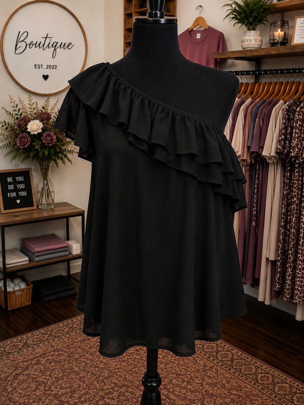 One-Shoulder or Off the Shoulder Ruffle Black Top